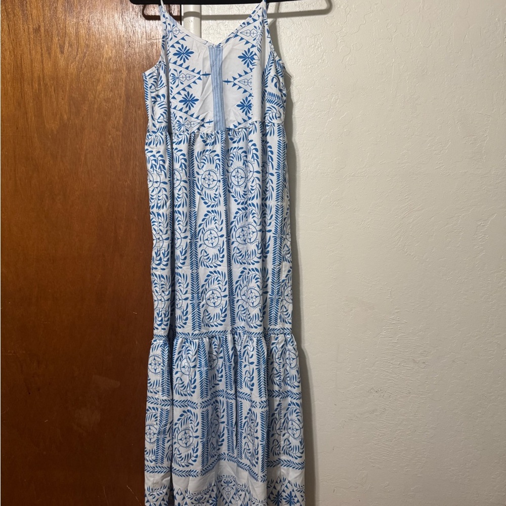 Blue and White Patterned Maxi Dress